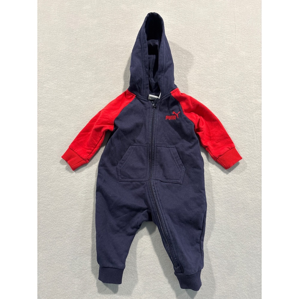 Puma Baby Hooded Coverall Navy Blue Red Full Zip Jumpsuit 0-3M